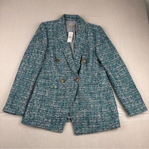 New! ($160) Loft Womens Tweed Blue Double Breasted Blazer Sz 6 Gold Buttons